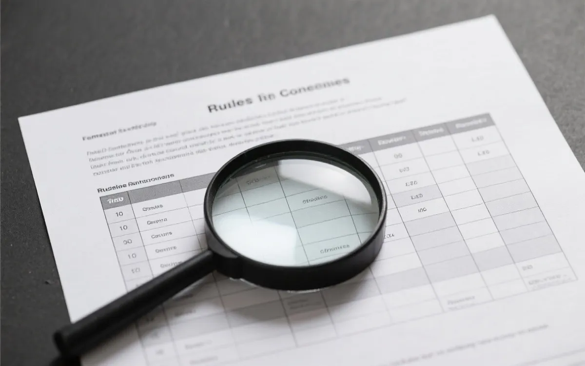 用放大镜核对规则条款与表格数据的视觉隐喻